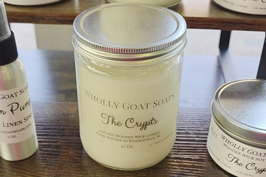 The Crypts fall candle at Wholly Goat Soaps, from the first candle display in the fall candles video